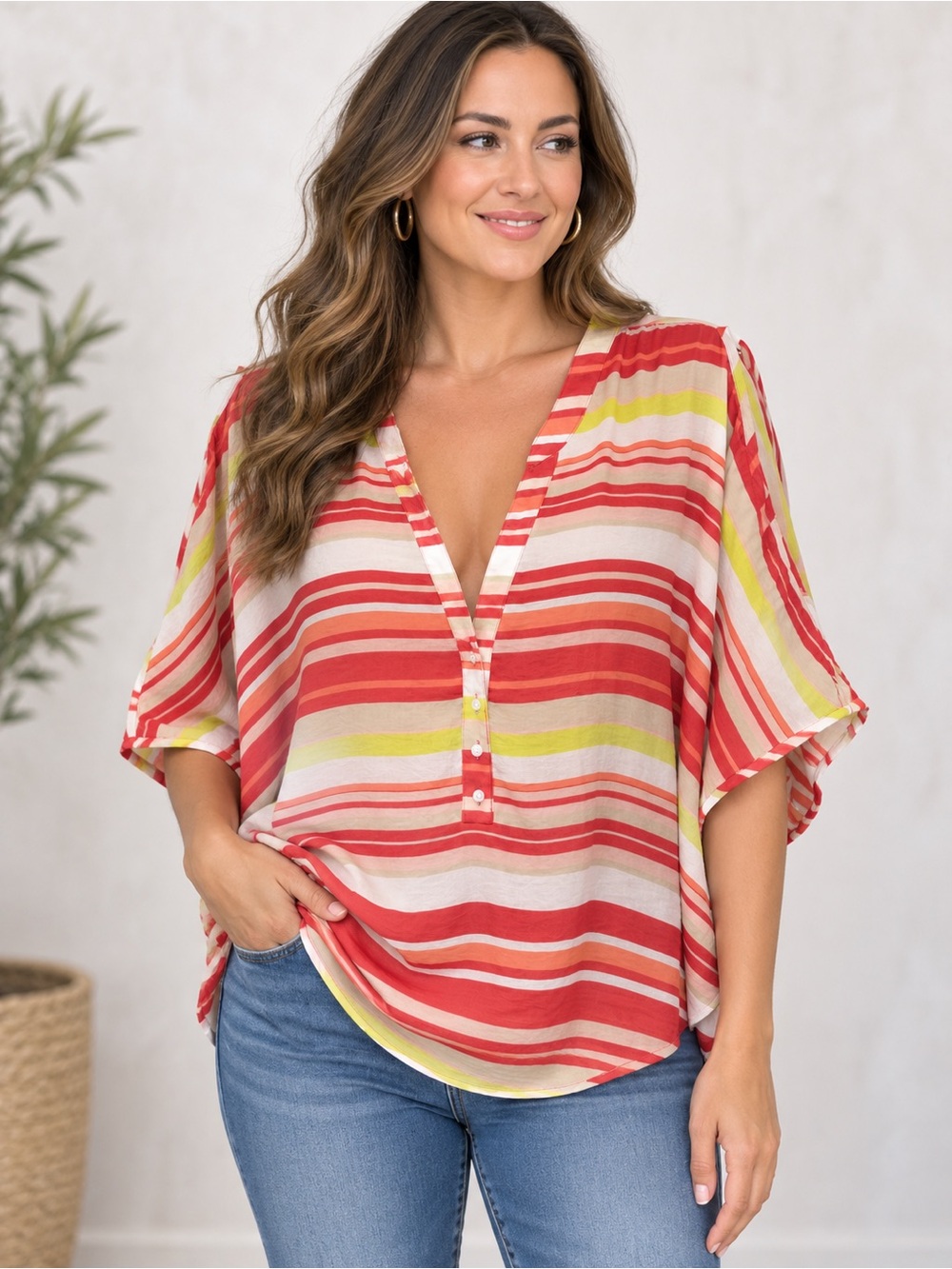 Bebe Striped Dolman Sleeve Blouse – Colorful Lightweight Top